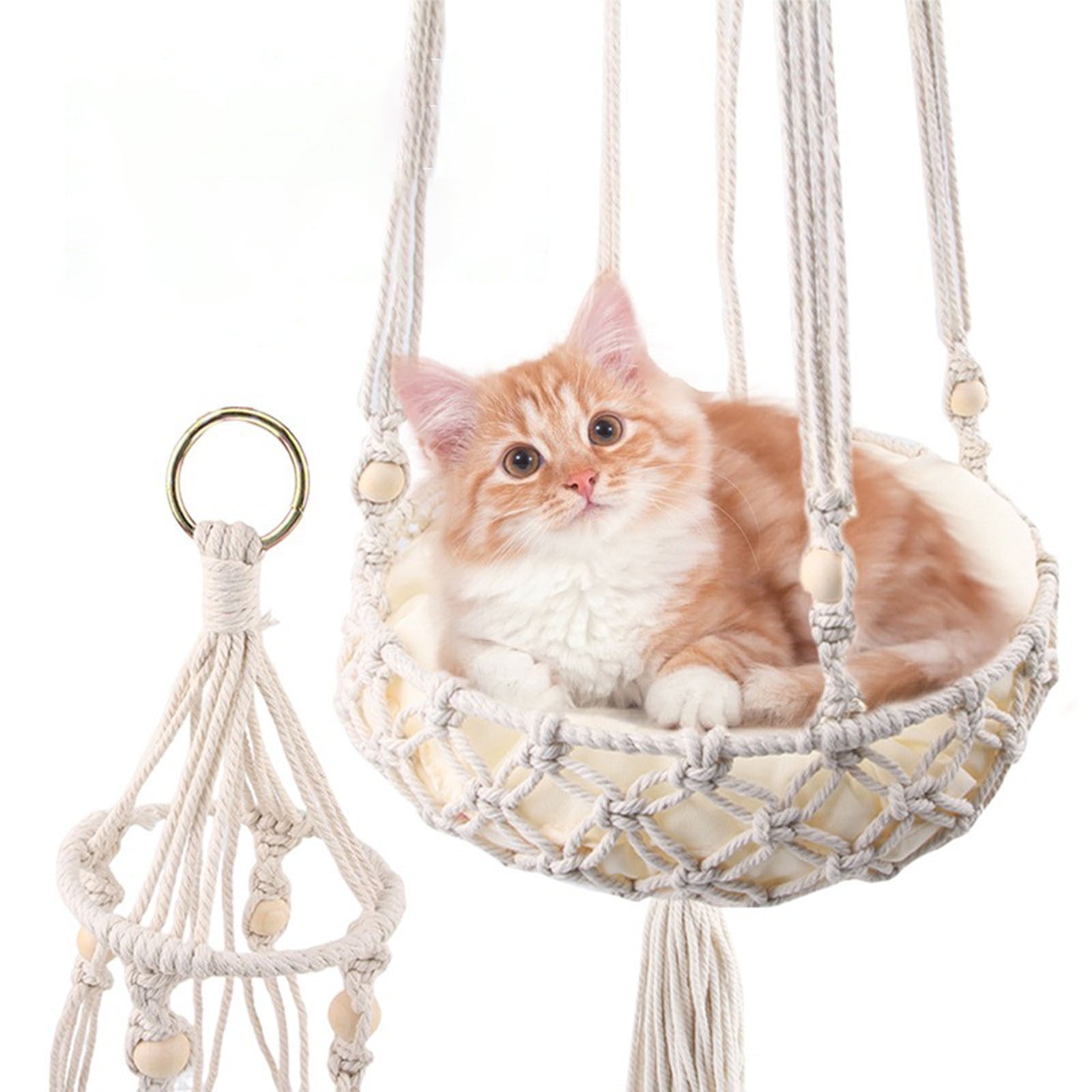 Boho Cat Hammock Wall Mounted - Macrame Hanging Cat Bed with Cushion, Window Perch Pet Swing for Indoor Cats, Handwoven Cat Nest for Sleeping, Playing, and Climbing
