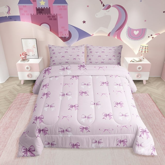 Erosebridal Girly Pink Bowknot Bedding Toddler Comforter Set, Cute Bow Down Comforter, Abstract Striped Decor, Reversible