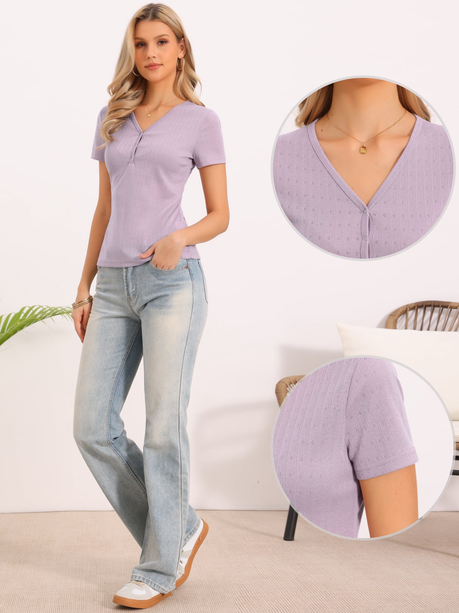 DARING DIVA Women's Henley Short Sleeve V Neck Button T Shirts Ribbed Knit S Dusty Pink