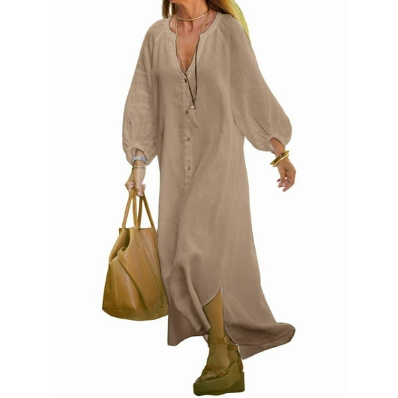 Women Summer Long Sleeve Neck Maxi Linen Shirt Dress Loose Button Down Tunic Shift Dress Khaki XXXL