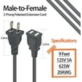 thumbnail image 3 of NeoMart-2 Prong Polarized Grey Extension Cord 9 feet Thin Power Cable Male to Female for Indoor/Home Use, Slim Design 625W,5A (1Pack), 3 of 18