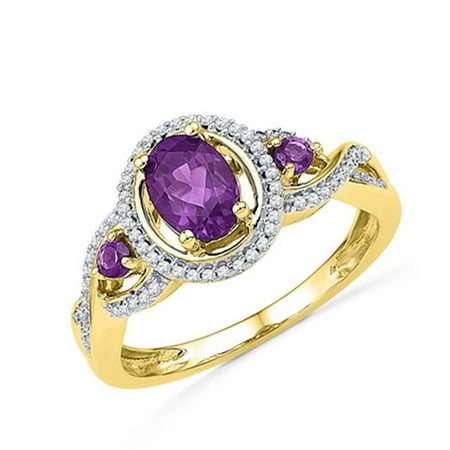 Gold Amethyst Stone - 10k Ladies Yellow Gold Diamond & Oval Amethyst Gemstone Fashion Ring 0.82CT