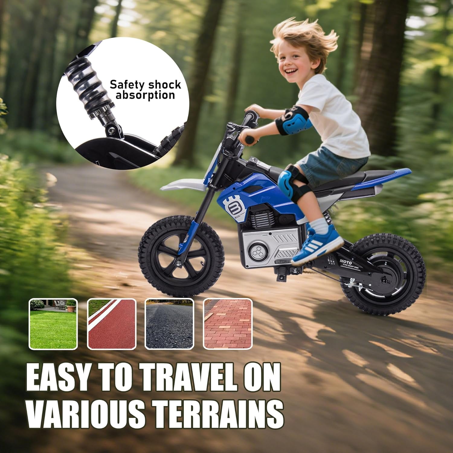 ThunderBolt Electric Dirt Bike Ride-On Motorcycle, 200W Motor, 3-9MPH Speed, LED Lights, Shock Absorber, Blue