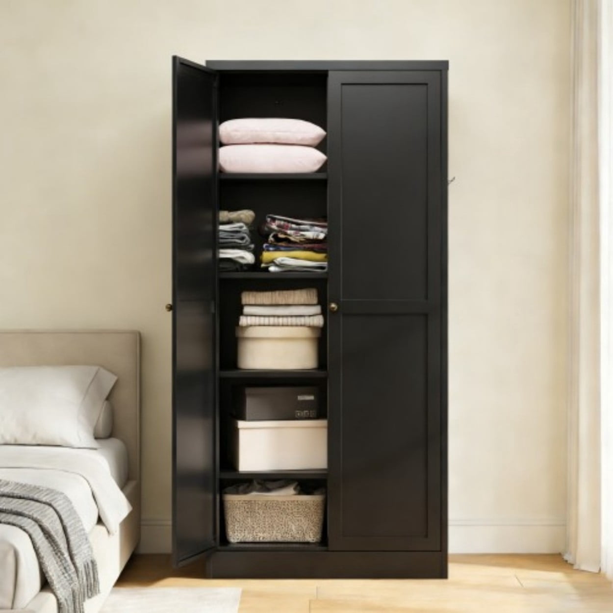 61" Metal Kitchen Pantry Cabinet, Heavy Duty Freestanding Storage Cabinet with 4 Adjustable Shelves, Farmhouse Organizer with Doors for Kitchen Living Room, Black