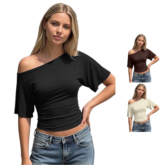 Rggeeun Womens Shirts Cropped One Shoulder Solid Color Short Sleeve Elastic Waist Draping for Summer Outdoor Running Leisure Tshirts,Black,M
