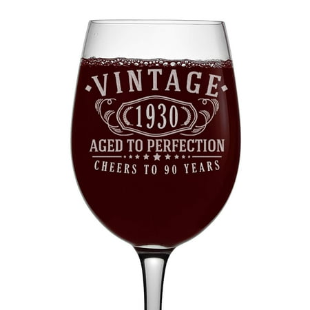 Vintage 1930 Etched 16oz Stemmed Wine Glass - 90th Birthday Aged to Perfection - 90 years old gifts