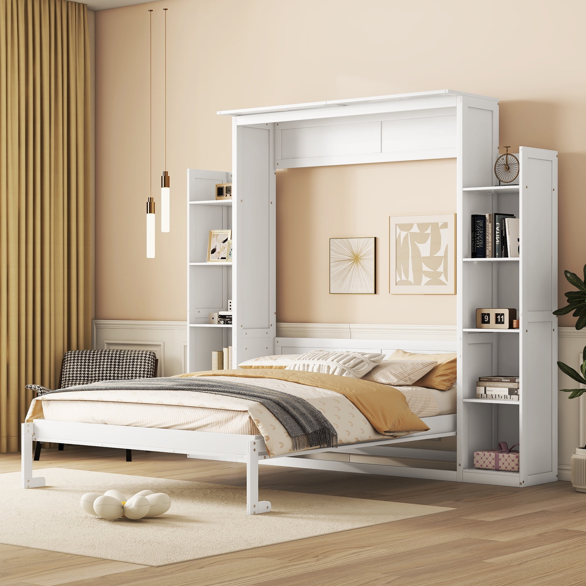 Mintazer Queen Size Murphy Bed with Side Bookcases & LED Lights, Folding Wall Cabinet Bed with Storage for Guest Room Home Office Apartment, Grey