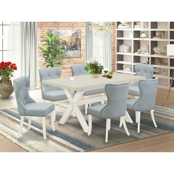 East West Furniture X026SI215-7 7-Piece Dining Set- 6 padded parson chairs with Baby Blue Linen Fabric Seat and Button Tufted Chair Back - Rectangular Table Top & Wooden Cross Legs - Linen White...