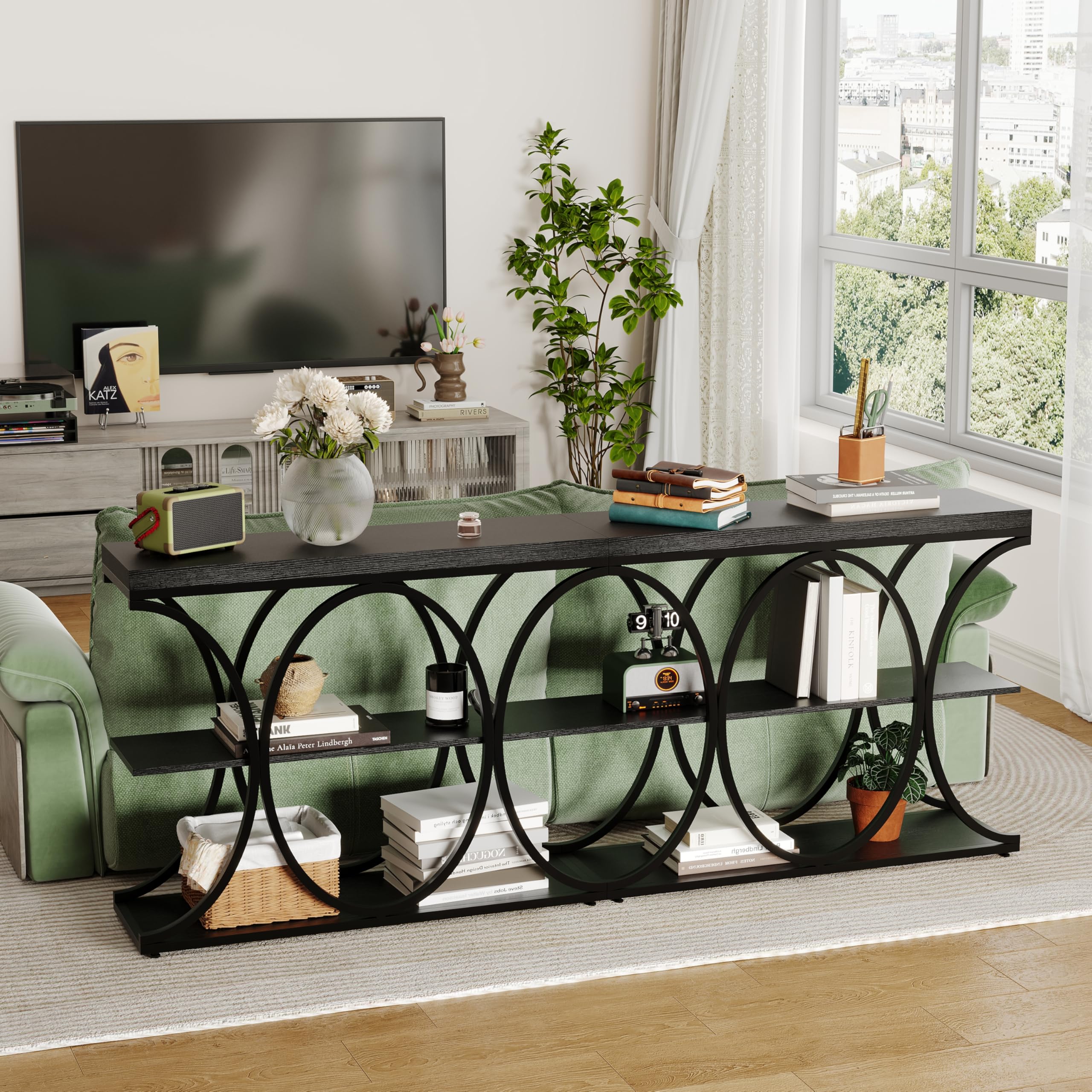 Huisuilinss Console Table,39" Narrow Entryway Table,Industrial 3-Tier Sofa Table With Round Metal Base And Storage Shelves,Wood Behind Couch Table For Living Room Hallway Foyer