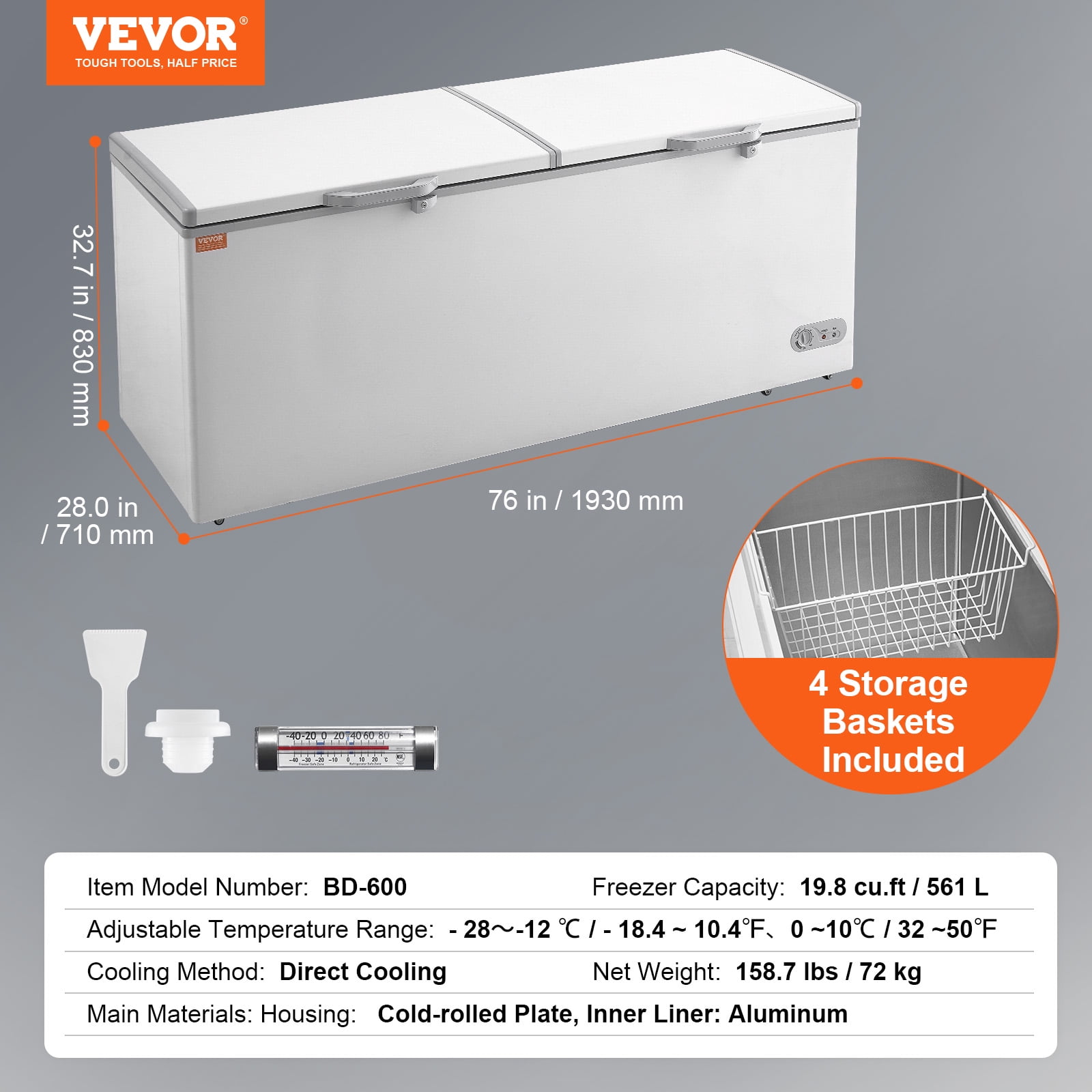 VEVOR Chest Freezer, 19.8 Cu.ft / 561 L Large Deep Freezer with Split Top Double Locking Lids,Freestanding Commercial Chest Freezer & 4 Removable Baskets,7-Level Adjustable Temp,LED Light,6 Wheels