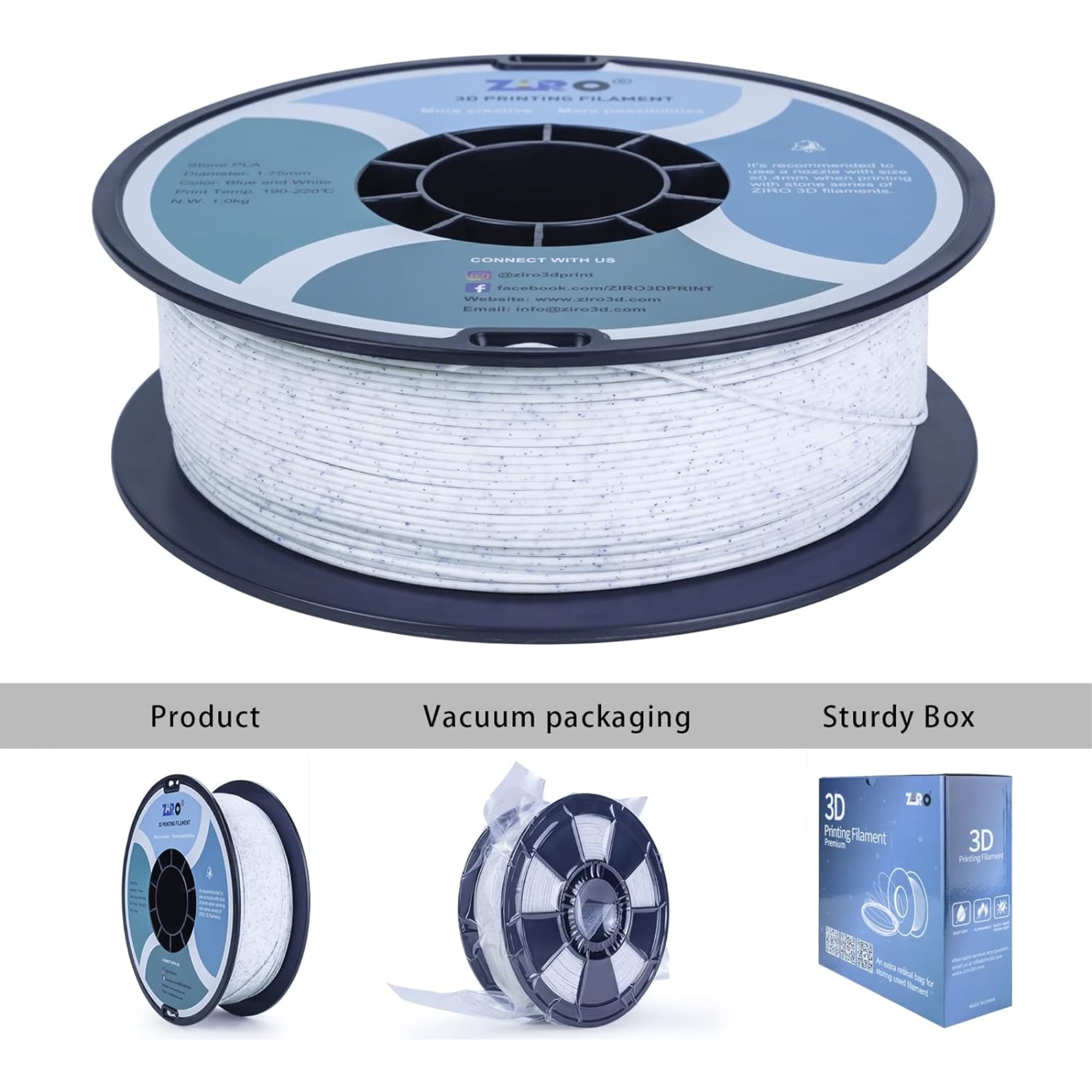Ziro 3D Stone series PLA Filament 1.75mm 1kg, Blue & White