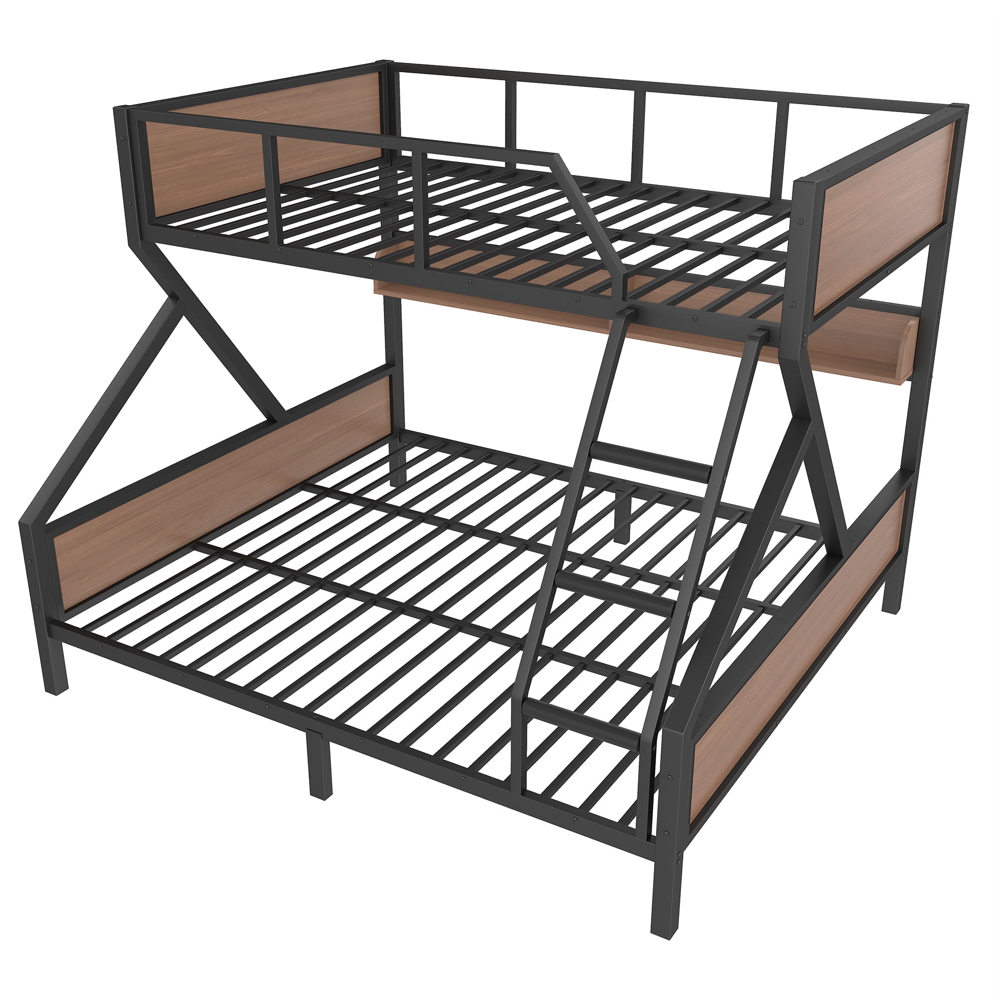 Queen over King Bunk Bed with Storage Shelves and LED Lights, Multifunctoinal Bunk Bed Frame with Ladder and Guardrails, Space-saving & Noise-free Design