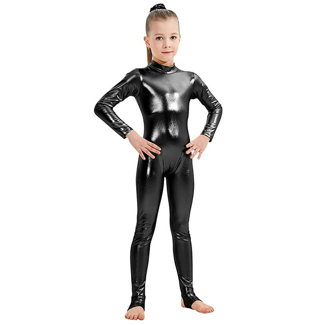 Dance Tights for Girls, Shiny Zipper Back Jumpsuit