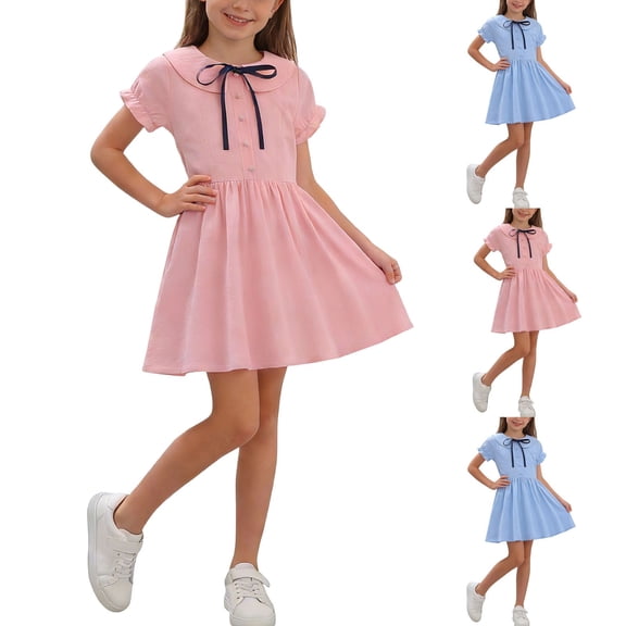 Eltusu Girls Cotton Dresses, Collared Bow A-Line Short Sleeve School Uniform Dress Pink Size 7-8 T