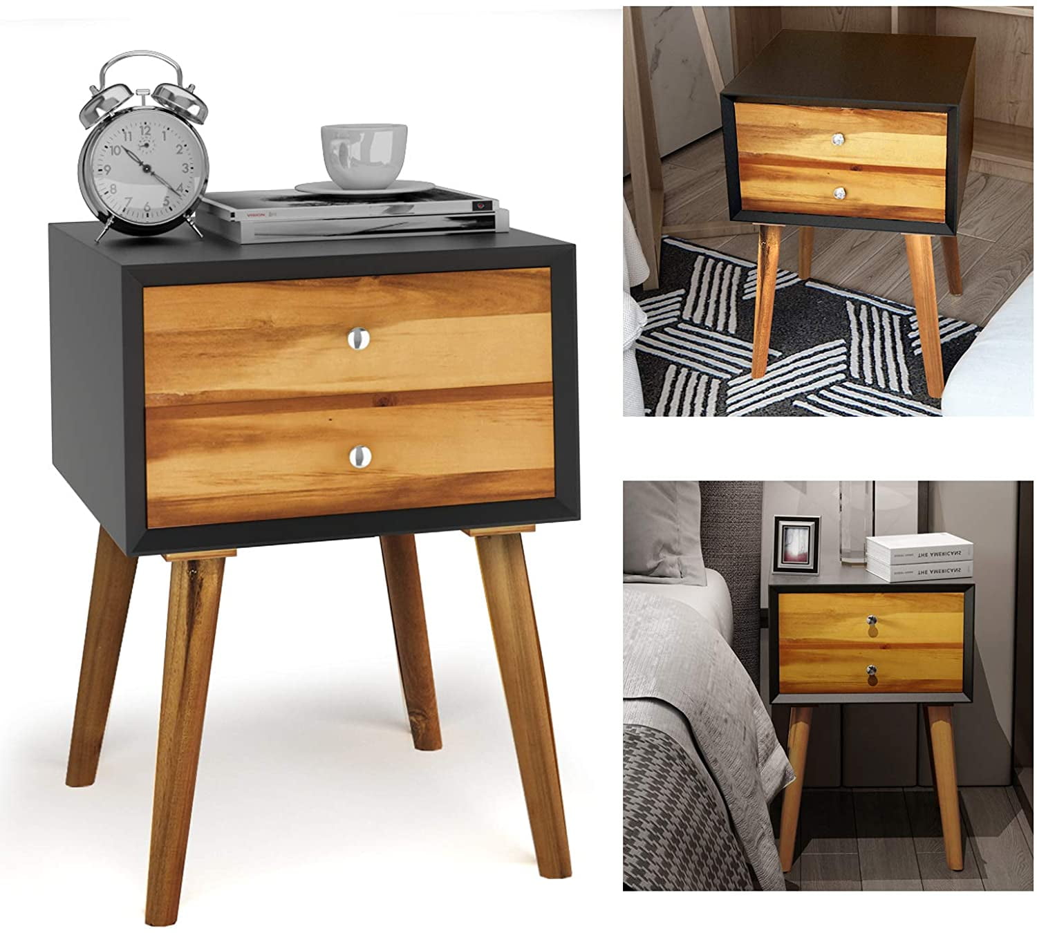 Giantex End Side Table Nightstand with Storage Drawer and Shelf, Wood Nightstand with 2-Drawers, Solid Wood Legs Living Room Bedroom Furniture