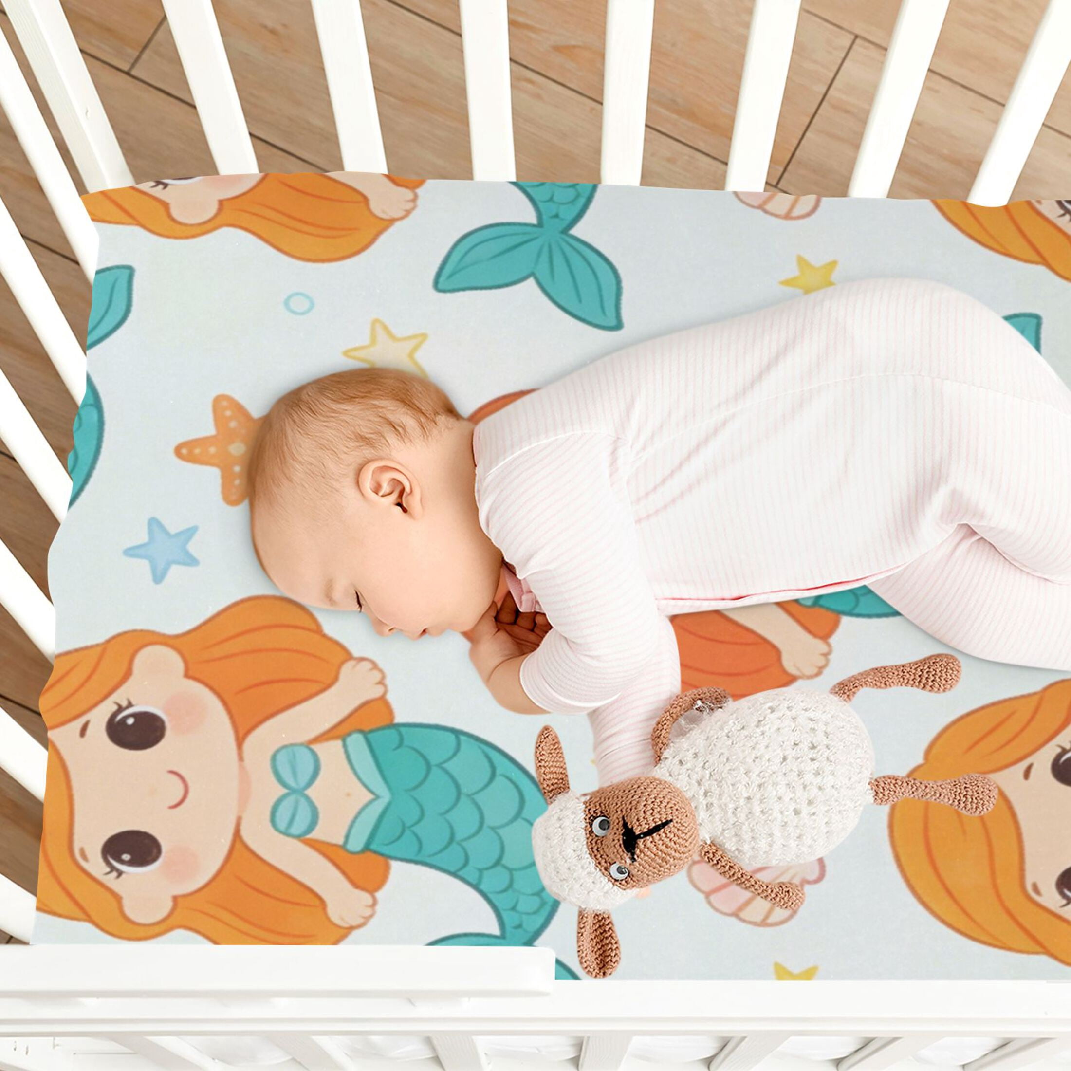 Baby Essentials 39”x 27”- Standard Cotton-like Modal Elastic- White Mermaid Pattern Design Crib Sheets for Newborns and Toddlers
