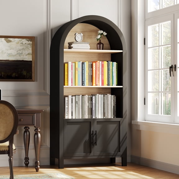 PAPROOS 66.7" Arched Bookcase, Wood Tall Arched Cabinet with 2 Doors, Mid-Century Modern Arched Bookshelf with Open Display Storage Shelf for Home Office, Dining Room, Living Room, Black