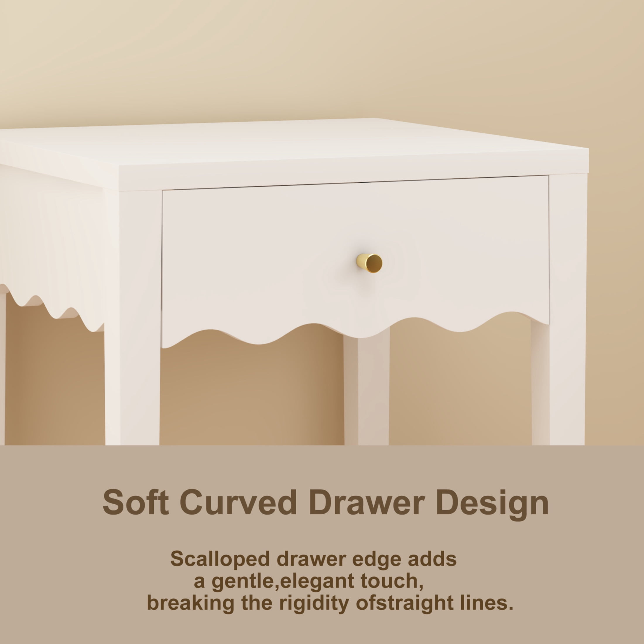Noble House Nightstand with Drawer, Modern Bedside Table with Wavy Apron Design, Compact End Table, White
