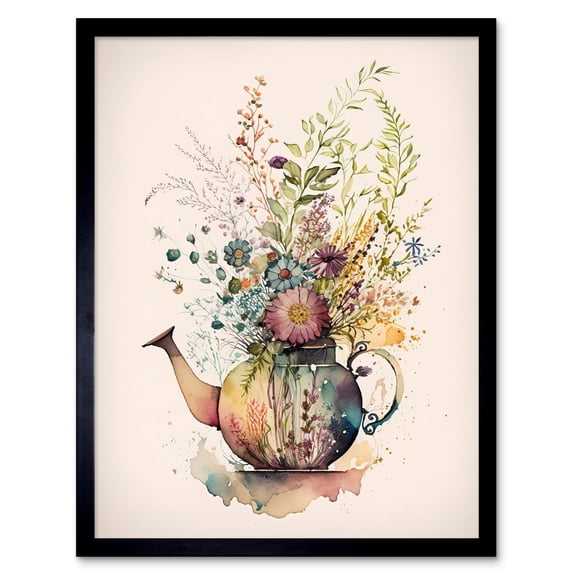 Wildflower Floral Spring Bouquet in a Teapot Vase Art Print Framed Poster Wall Decor 12x16 inch