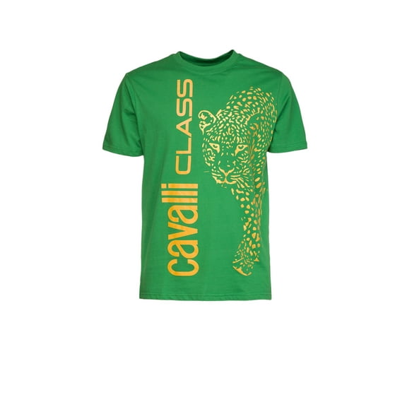 Cavalli Class Brilliant Green Signature Leopard Print Fashion T-Shirt-XXL for mens
