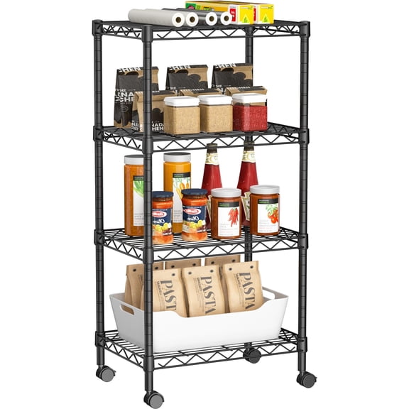 4 Tier Metal Wire Shelving Unit, Adjustable Storage Shelf with Wheels, Versatile Organizer for Small Spaces Kitchen Bathroom Laundry, Black