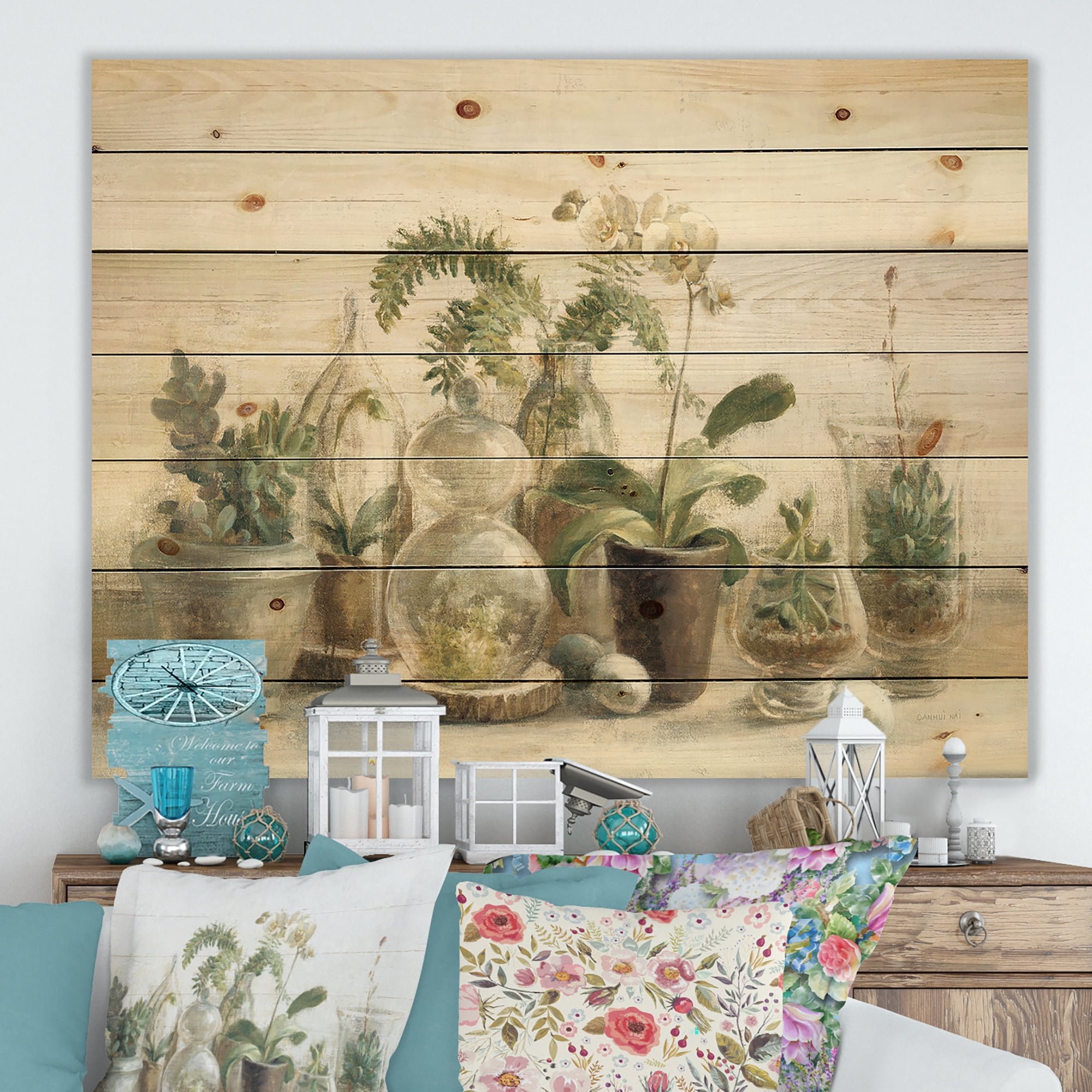 Designart 'Greenhouse Countryside Orchids' Floral Cottage Print on Natural Pine Wood