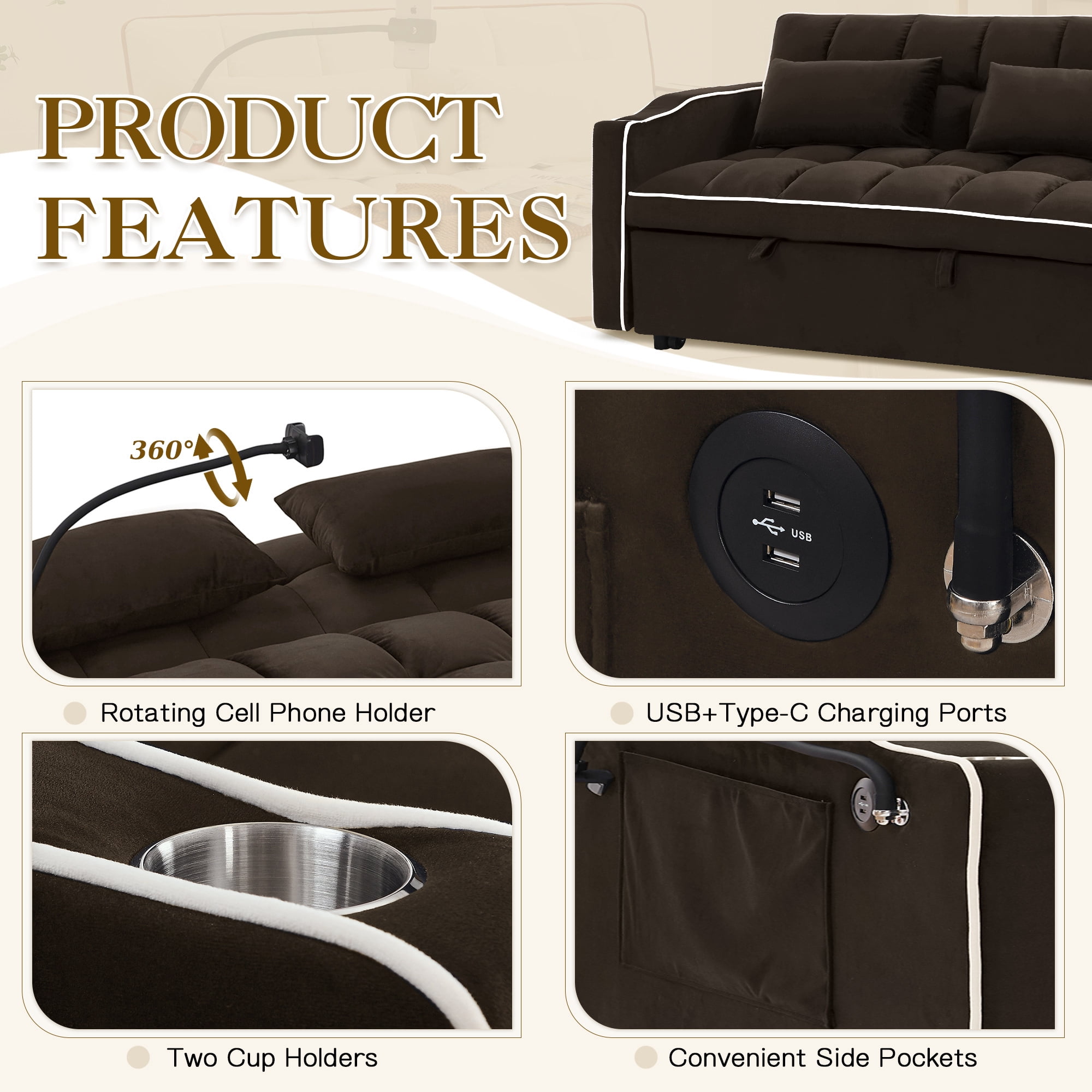 Dinosisco 4-in-1 Convertible Loveseat Sleeper, 55" Futon Sofa Bed with Phone Stand, USB, Brown Velvet