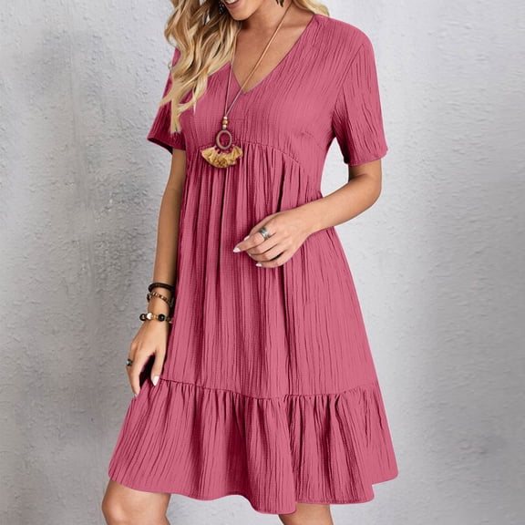 Wovilon Women's V-Neck Short Sleeve Dress with Tiered Ruffle Hem, Relaxed Flowy Silhouette, Lightweight Summer Casual Tunic Midi Dress for Vacation and Daily Wear