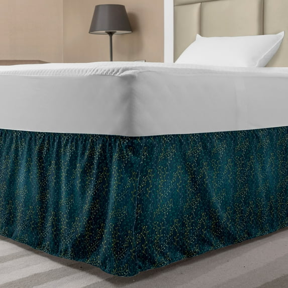 Leaves Bed Skirt, Heart Shaped Little Buds Flowering Branches Curly Spring Nature Inspired, Elastic Bedskirt Dust Ruffle Wrap Around for Bedding Decor, 4 Sizes, Dark Blue Green Yellow, by Ambesonne