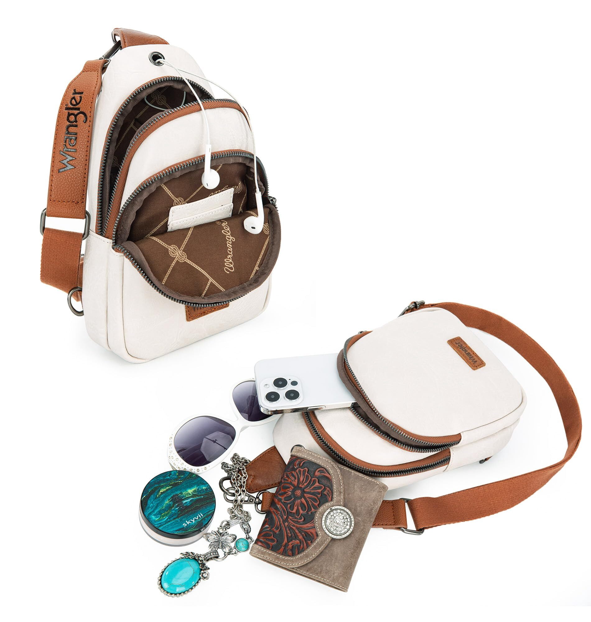 Wrangler Small Crossbody Sling Bags for Women Fanny Packs Chest Bag for Travel Gift, Beige Brown