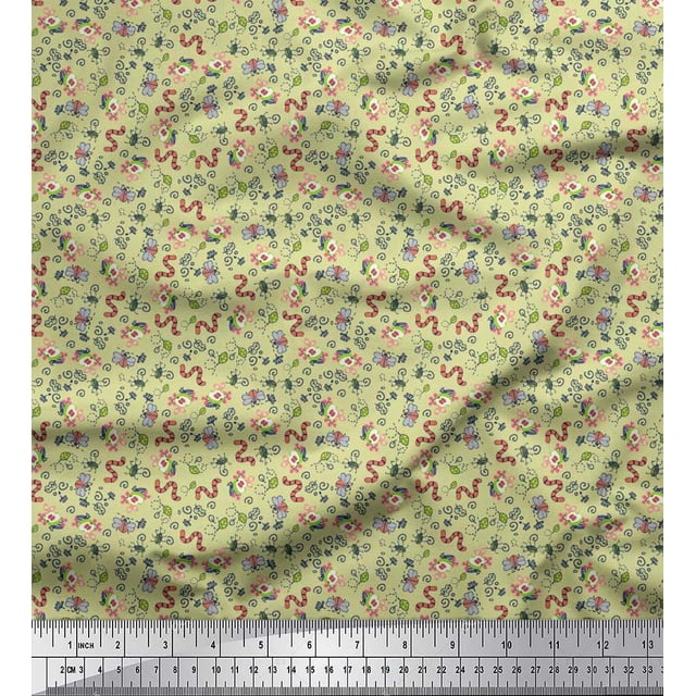 Soimoi Silk Fabric Earthworm,Fruit & Insect Print Sewing Fabric Yard 42 Inch Wide