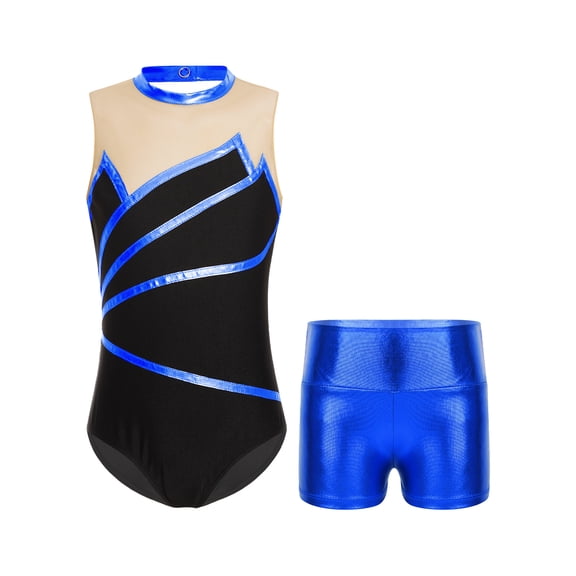 inlzdz Girls Ballet Ice Skating Outfit Metallic Sleeveless Gymnastic Yoga Bodysuit with Shorts Royal Blue 8