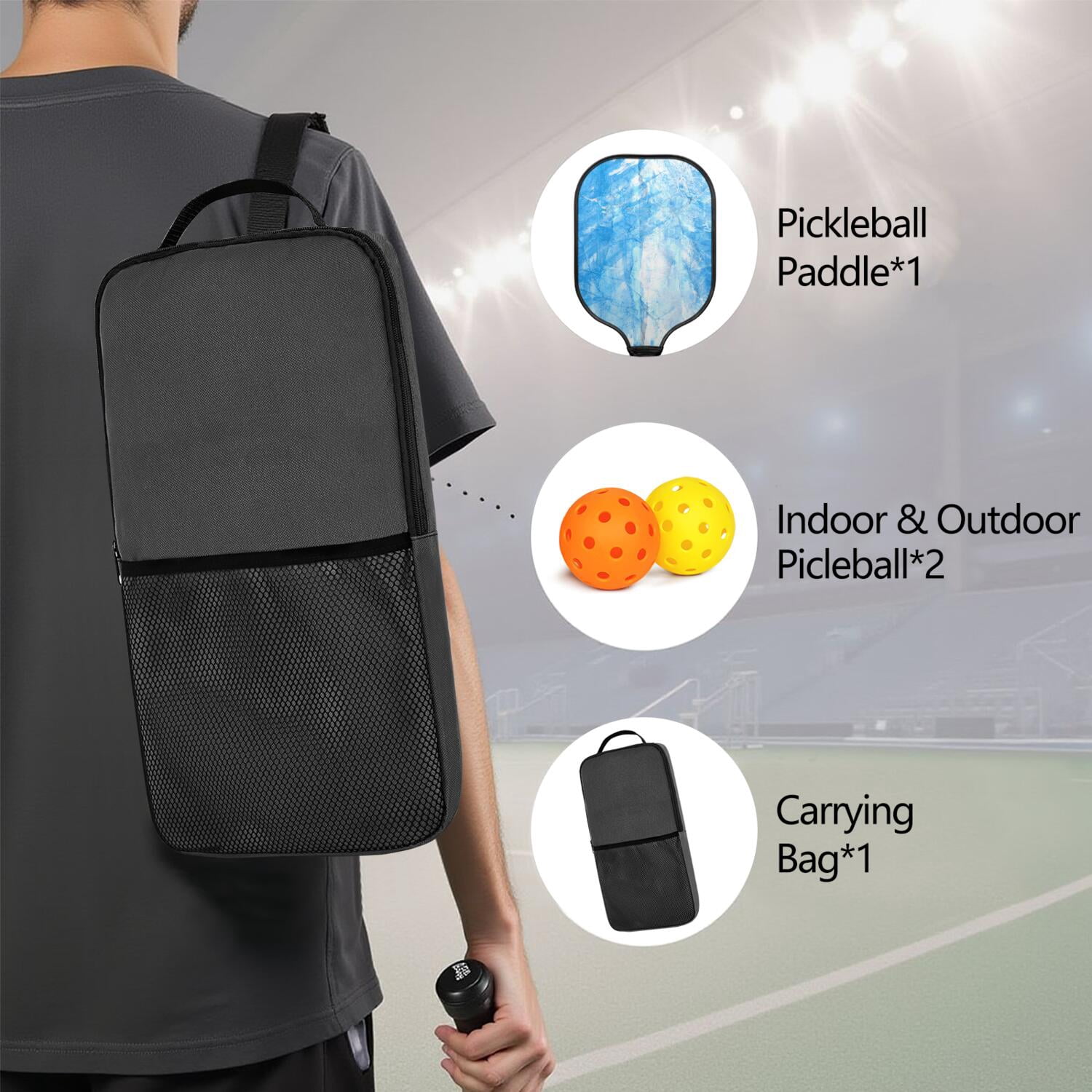 Pickleball Paddles Set Of 1, Fiberglass Surface, Ice Crystal Print, 1 Paddle, 2 Balls & Bag