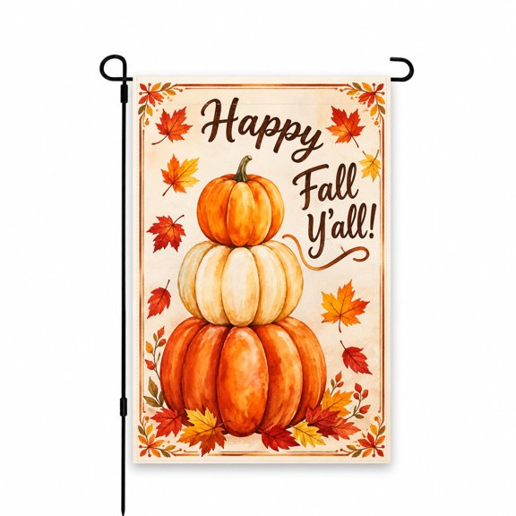Happy Fall Y'all Garden Flag 12 x 18 Inch - Autumn Pumpkins and Leaves Design in Orange and White for Outdoor Yard, Lawn, Patio, or Porch Decor