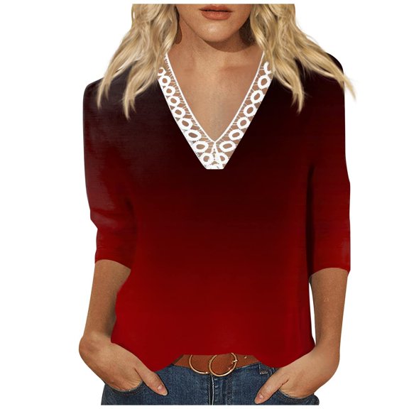 IROINNID Savings Women's Long Sleeve V-Neck Shirts Leisure Printed Loose T-shirt 3/4 Sleeves Blouse Lace V-Neck Tops,Red