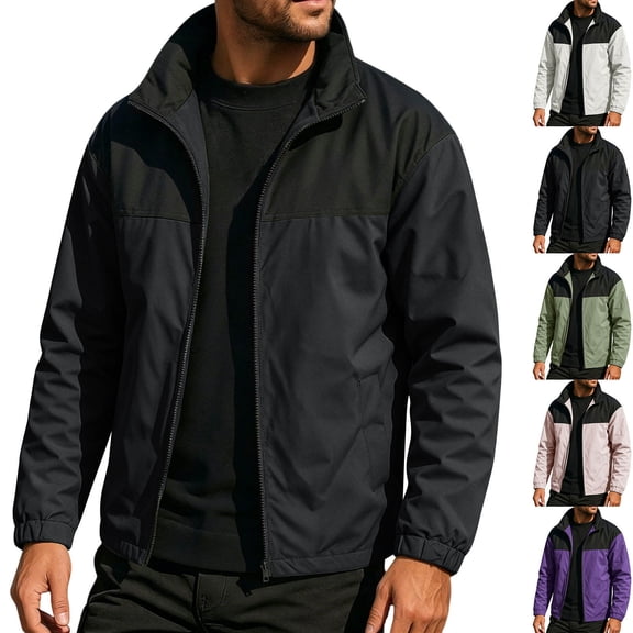Sevevn Men’s Lightweight Windbreaker Jacket Casual Full Zip Outdoor Coat Water Resistant Windproof Stand Collar Hiking Travel Utility Bomber Jacket with Pockets Black XL