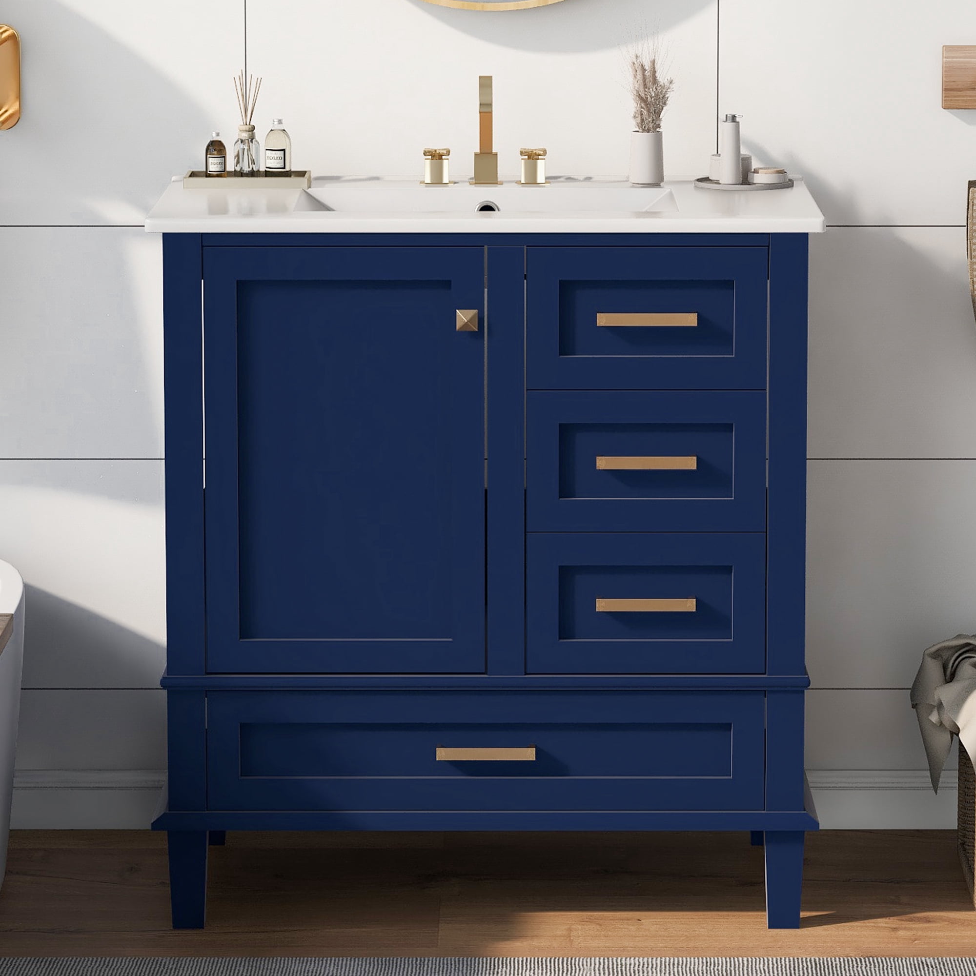 Harper & Bright Designs 30" Bathroom Vanity, Bathroom Cabinet with Sink Combo Set, Bathroom Storage Cabinet with Soft Closing Door and 3 Drawers, Blue