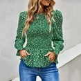 thumbnail image 3 of Blouse Smockée à Col Rond pour Femmes, Manches Longues, Florale, Froncée, à Volants, Peplum, 3 of 7