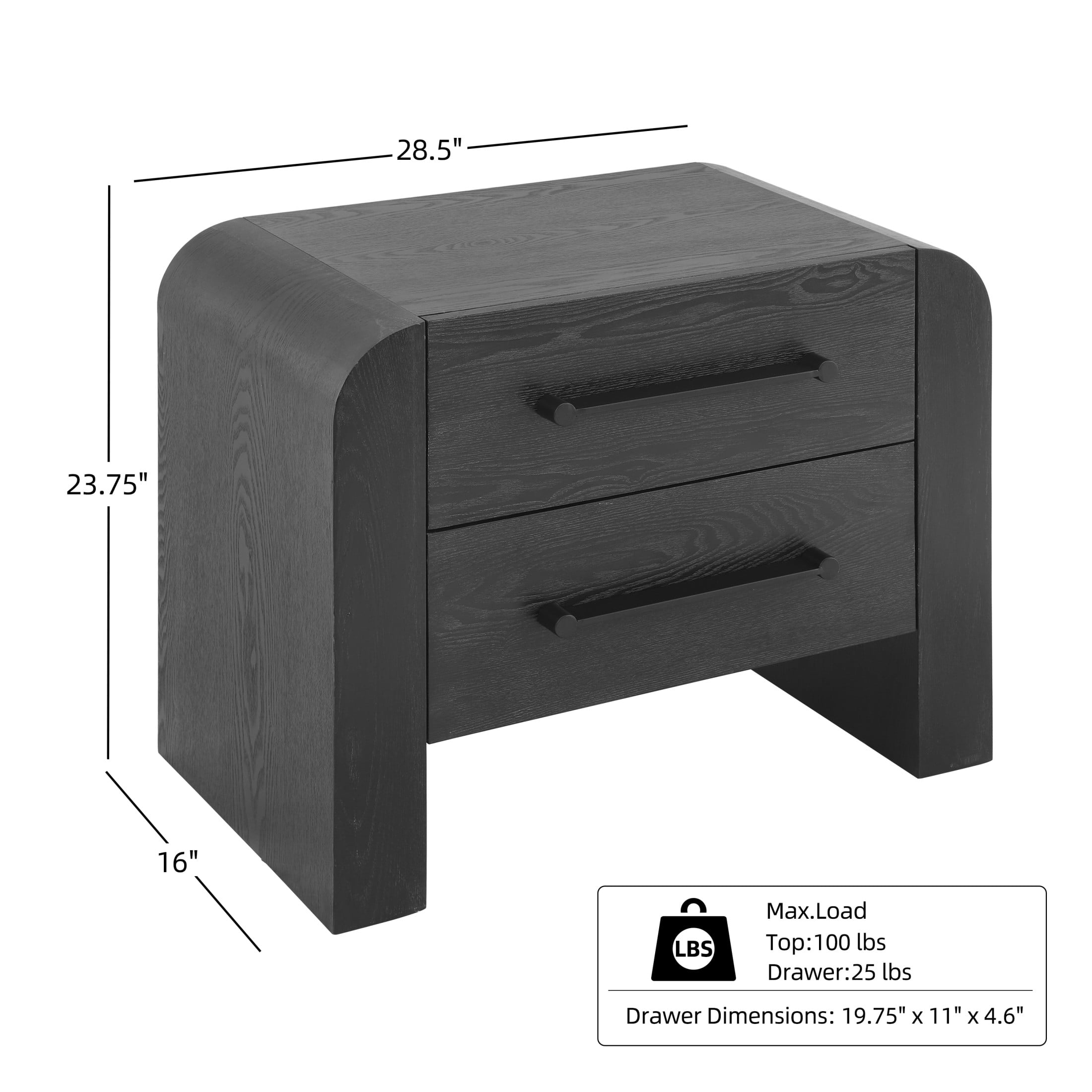 Christopher Knight Home 2-Drawer Nightstand, Modern Bedside Table with Metal Handles and Storage, Black