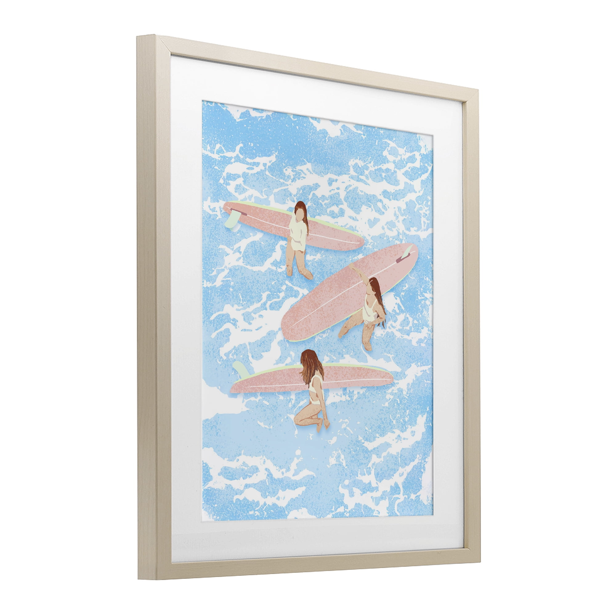 Surfing Girls Trio Birch Framed Print Under Glass, design by Ziwei Li