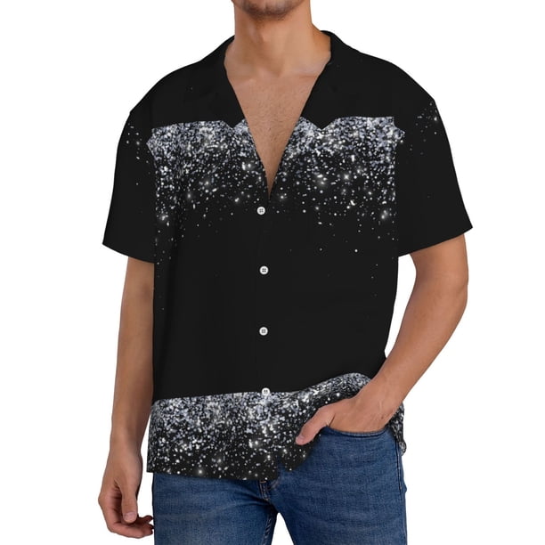 Balery Silver Glitter1 Camisa Casual de Manga Corta con Botones para Hombre, Texturizada, Estilo Cubano, para Playa, Verano-3X-Large
