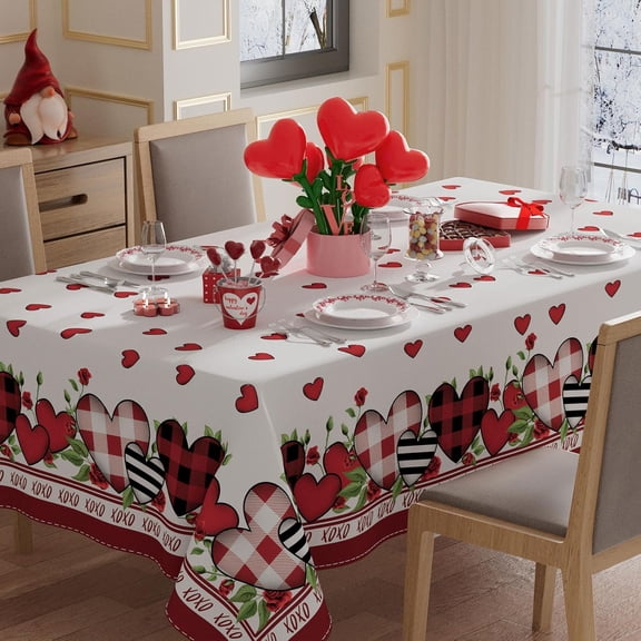 Plaid Love Hearts Valentine’s Day Tablecloth Rectangle Table Cloth Washable Table Covers for Indoor Outdoor Dining Home Party Decorations 60x120 Inch