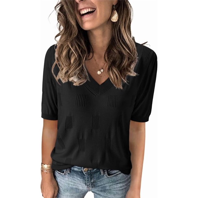 Arach&Cloz Women's V-Neck Short Sleeve Special Rib Knitted Pattern Casual Tops Sweater Spring Summer 2025