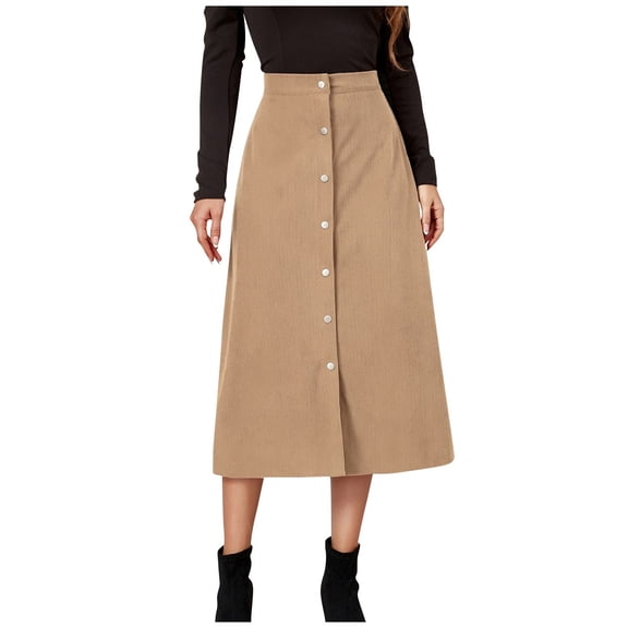 Women’s Corduroy High Waist A-Line Midi Skirt with Front Button Down Closure and Classic Fit for Daily Wear Beige M