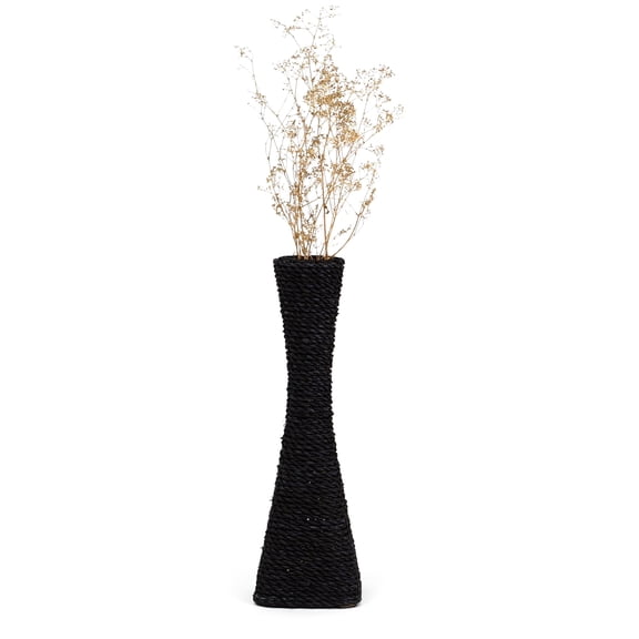 Leewadee Large Wicker Floor Vase – Handmade Flower Holder Made of Bamboo and Bast, Sophisticated Funnel Vessel for Decorative Branches,  Black