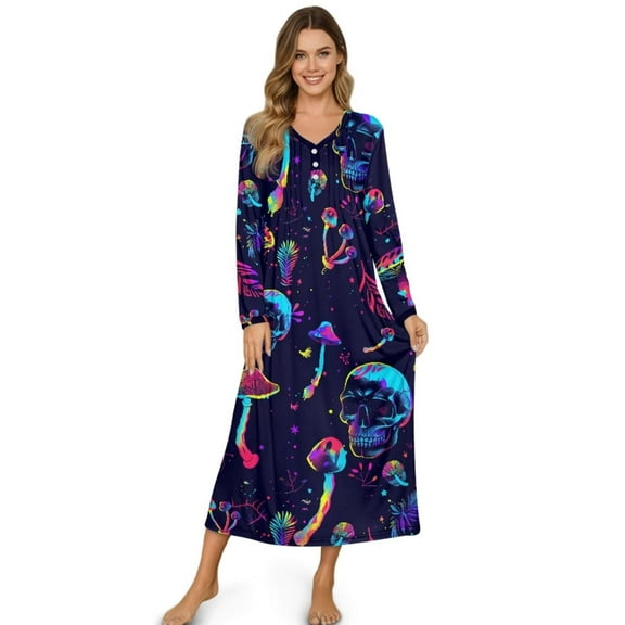 FUIALDOLG Long Sleeve Nightgowns for Women Lady Button Down Trippy Skull Mushroom Print Sleepwear Long Night Gown Plus Size House Dress Winter Loose Loungewear, Small