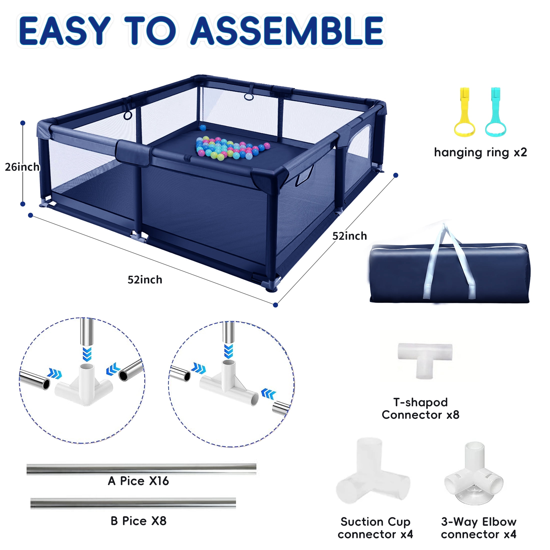HioHa 52" x 52" Baby Playpen, Portable Play Yard with Sturdy Steel Frame & Breathable Mesh, Indoor Outdoor Baby Play Area