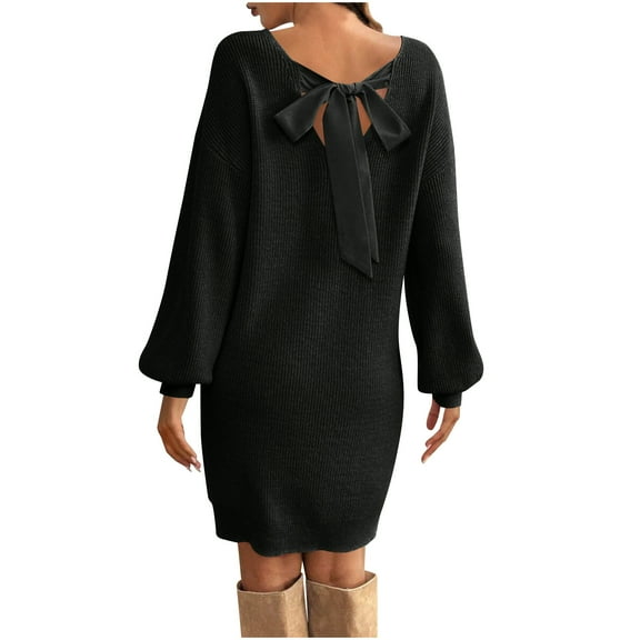 MaFYtyTPR Women's Kintted Dresses Fashion Solid Color Loose V-neck Bow Long Sleeved Versatile Pullover Woolen Dress Black L