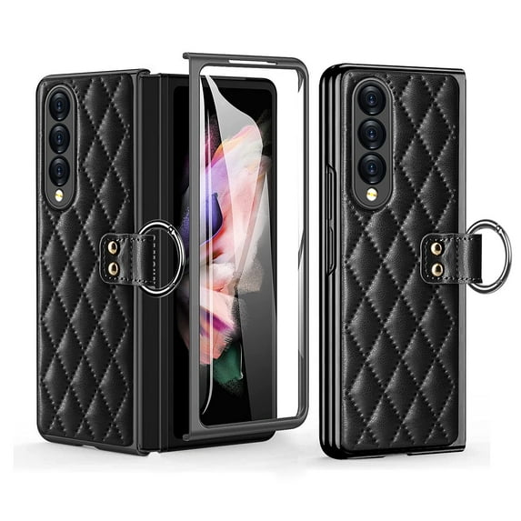 Case for Samsung Galaxy Z Fold3 Luxury PU Leather Folding Cover with Tempered Glass Screen Protector Ring Holder Anti-Slip Sticker Case, Rugged PC bumper Shockproof Anti-Scratches Case,Black