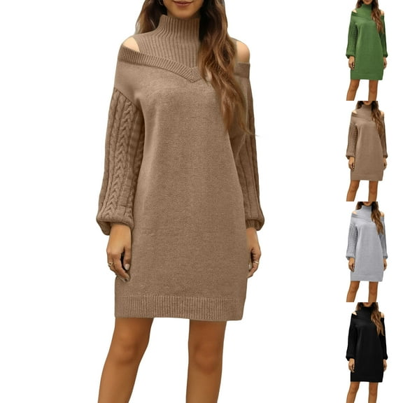 Women's Sweater Dress Knit Dress Long Sleeve Mock Neck Off Shoulder Solid Color Winter Dress for Holiday Casual,Black,L
